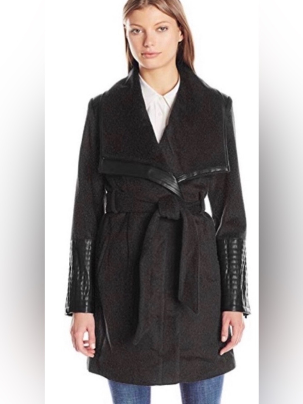 Badgley Mischka Gray Belted Trench Coat with Faux Leather Trim